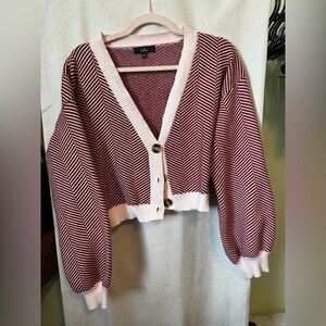 Lulu's Red and Cream Cropped Cardigan Balloon Sleeves Sweater